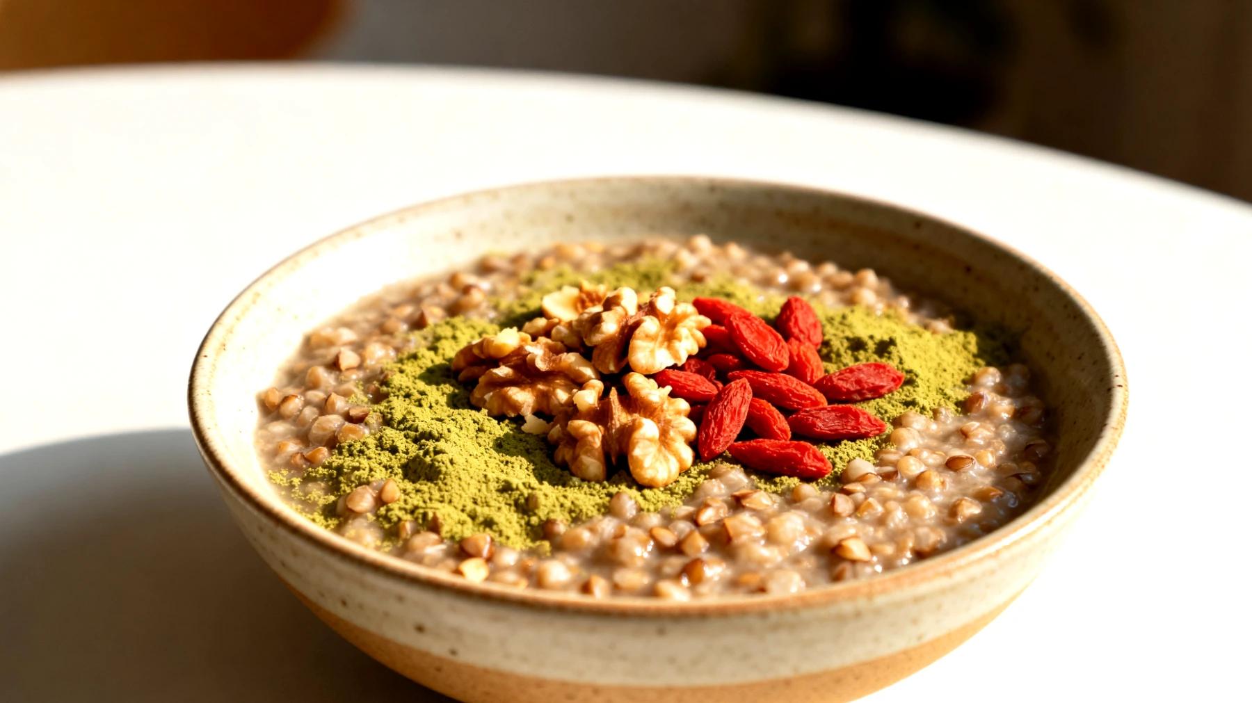 Buchweizen-Matcha-Porridge mit Walnüssen und Goji-Beeren"