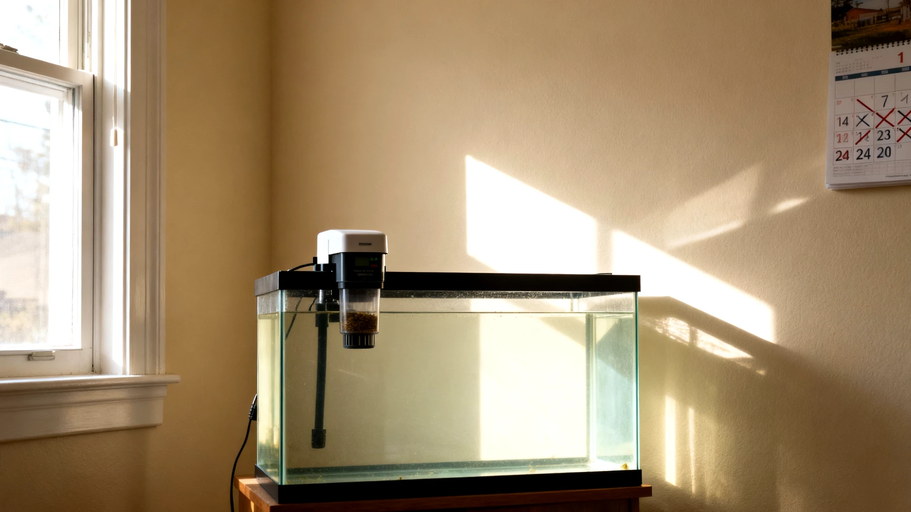 Fische können während einer Reise nicht mitgenommen werden und benötigen eine zuverlässige Versorgung durch automatische Futterspender oder Urlaubsvertretung, wobei Wasserqualität und Temperatur konstant gehalten werden müssen"