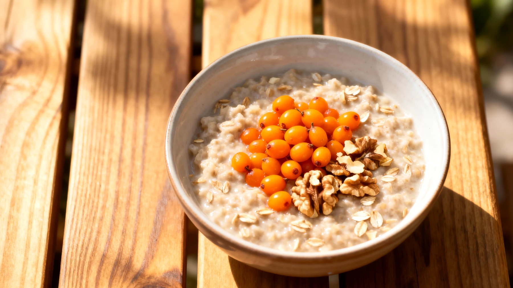 Hafer-Porridge mit Sanddornbeeren und Walnüssen"