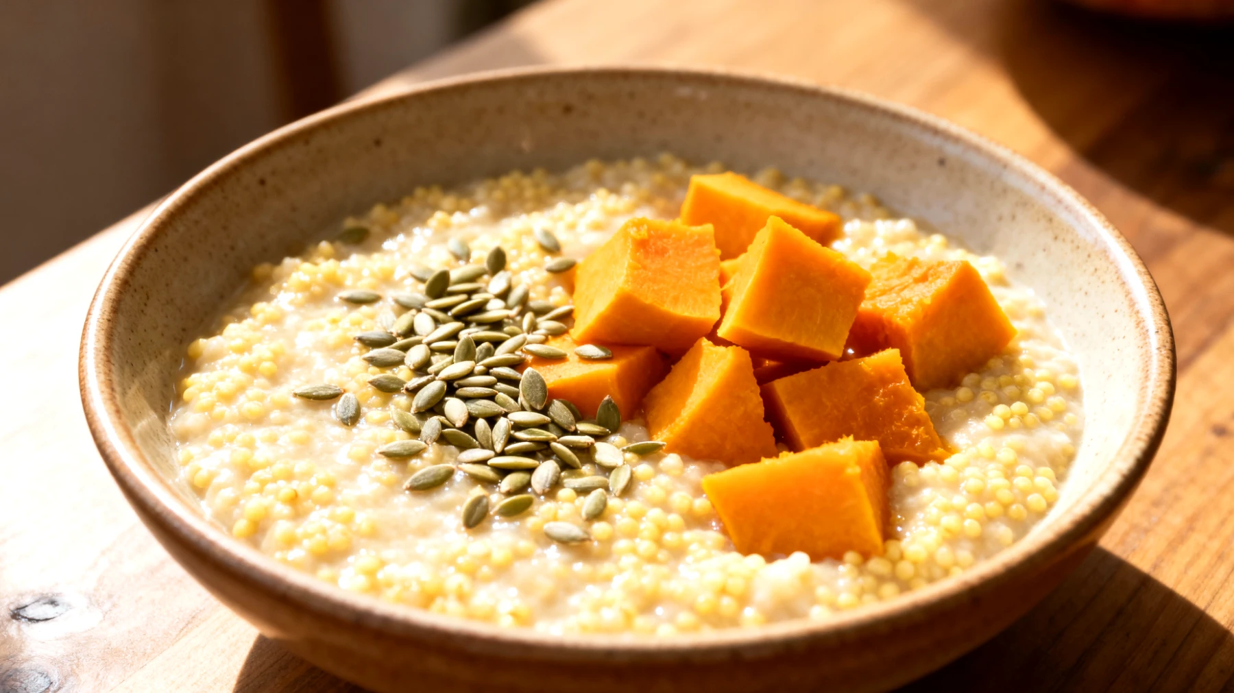 Hirsebrei mit Hanfsamen und gedünsteten Kürbis"