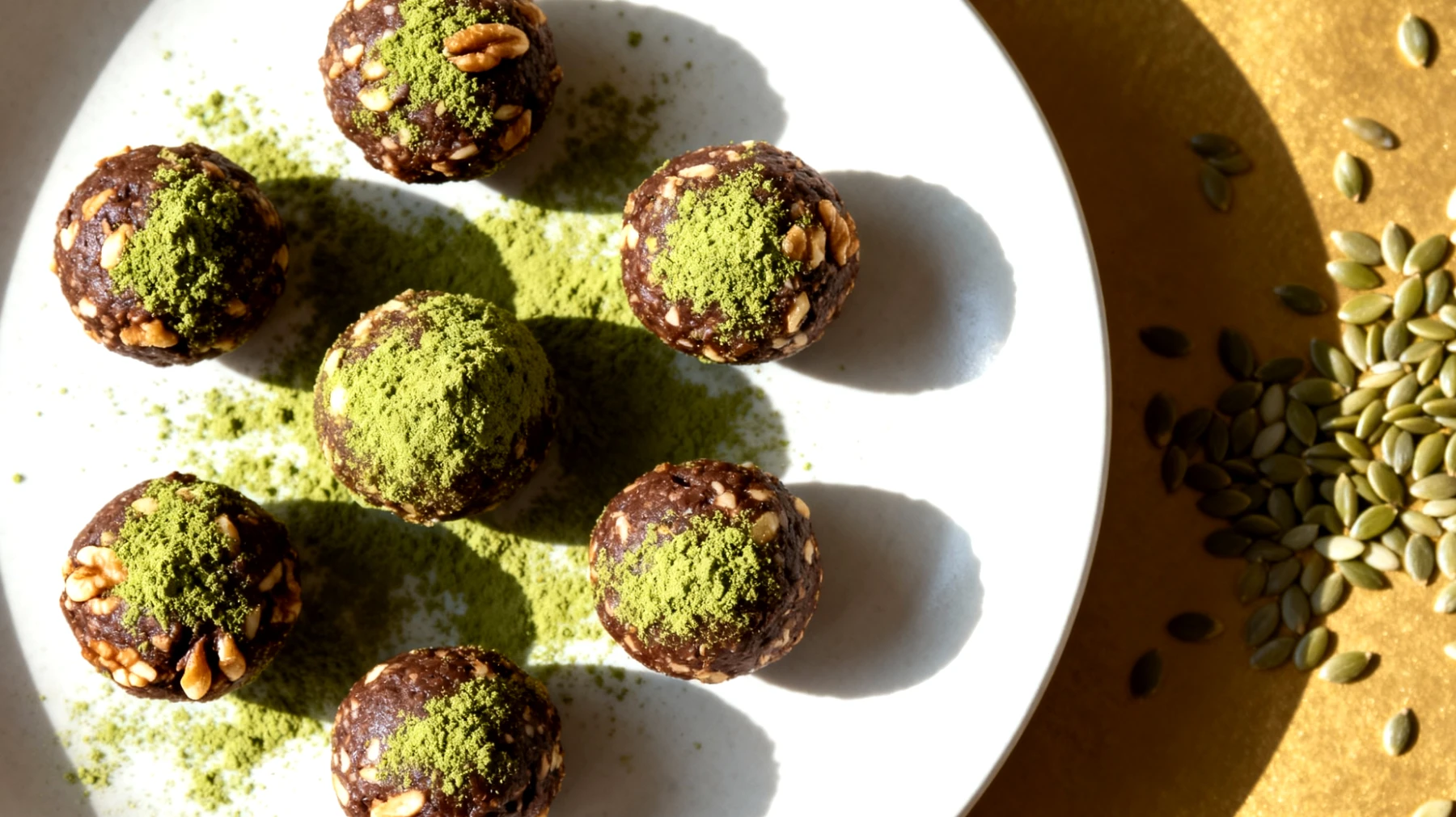 Walnuss-Kakao-Energy-Balls mit Matcha und Hanfsamen"